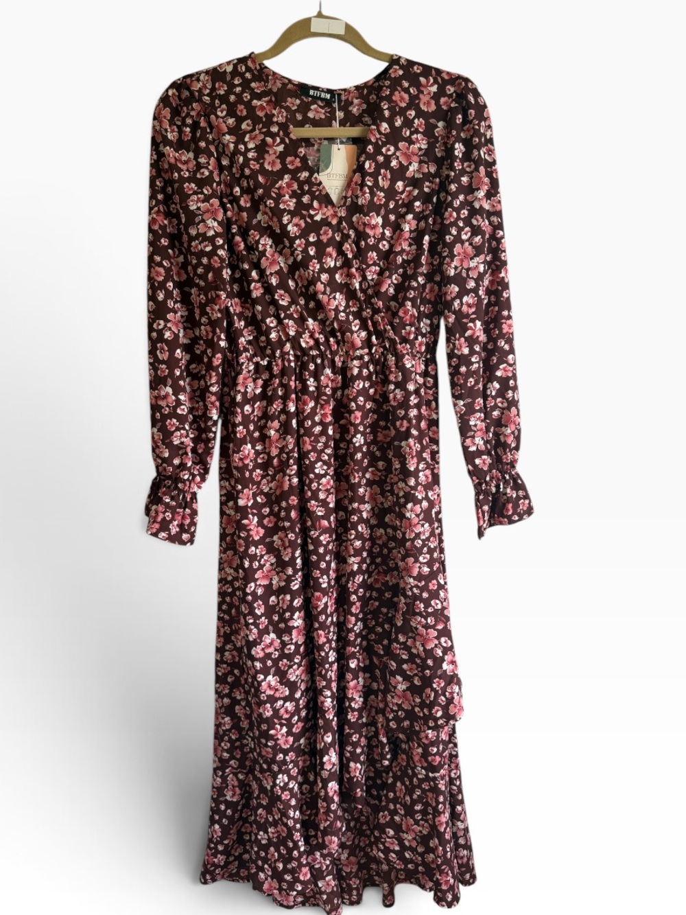BTFBM NWT Brown Pink Floral Long Sleeve Midi Dress Size Small - Picture 2 of 5